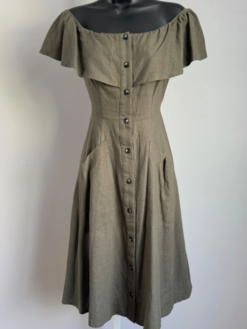 Saks Fifth Avenue Olive Green Off-Shoulder Button-Front Midi Dress
